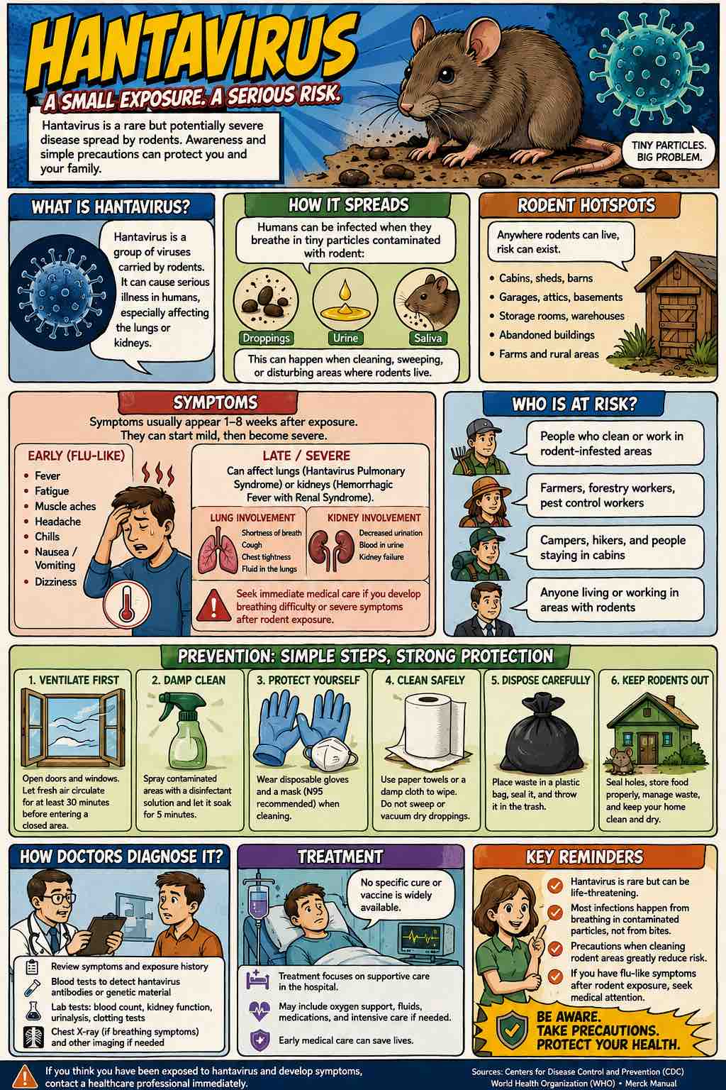 Hantavirus awareness infographic showing symptoms, prevention, rodent hotspots, diagnosis, treatment, and key reminders.