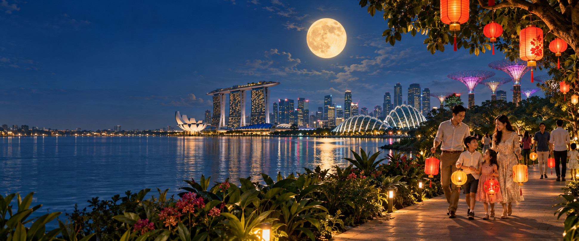 Editorial illustration of families carrying lanterns beneath a full moon near Marina Bay