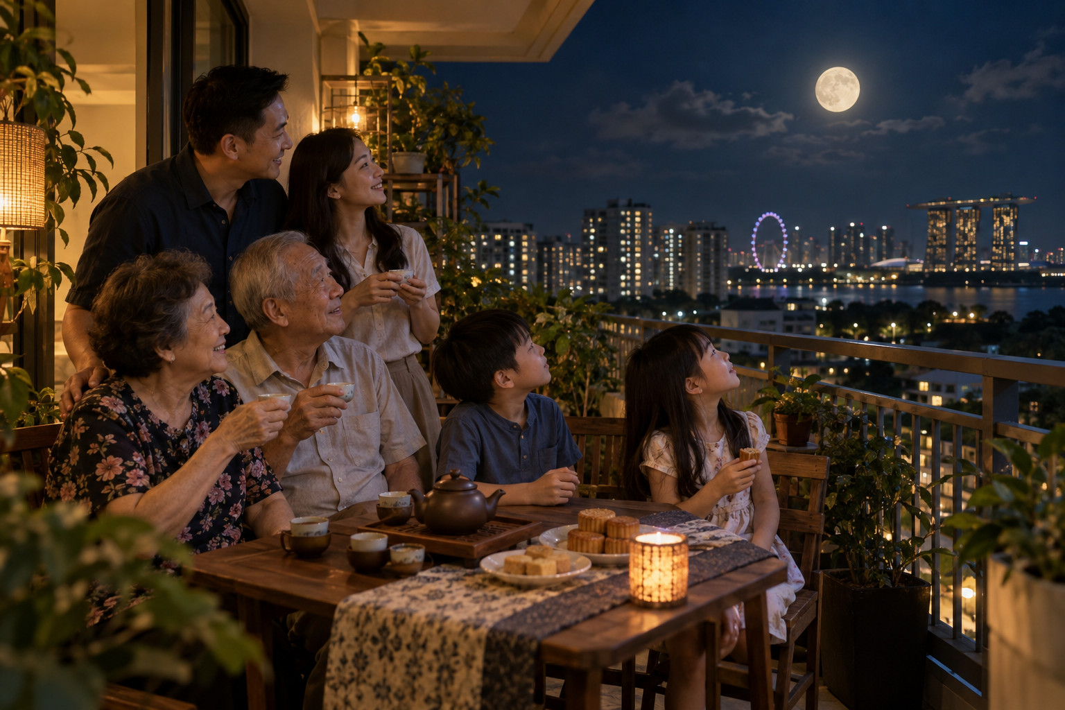 Multigenerational family sharing tea while looking toward the full moon
