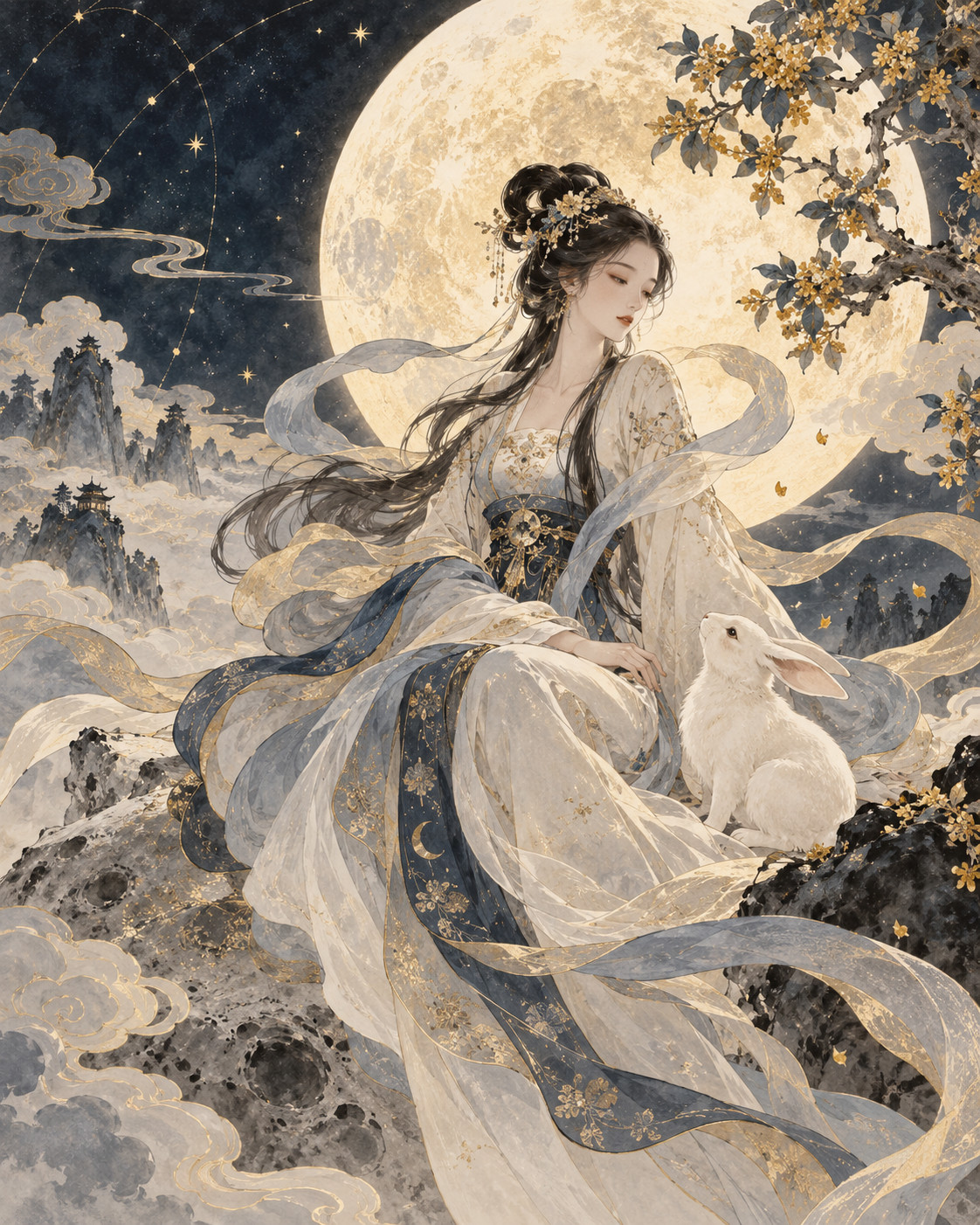 Storybook illustration of Chang’e and the Jade Rabbit on the moon