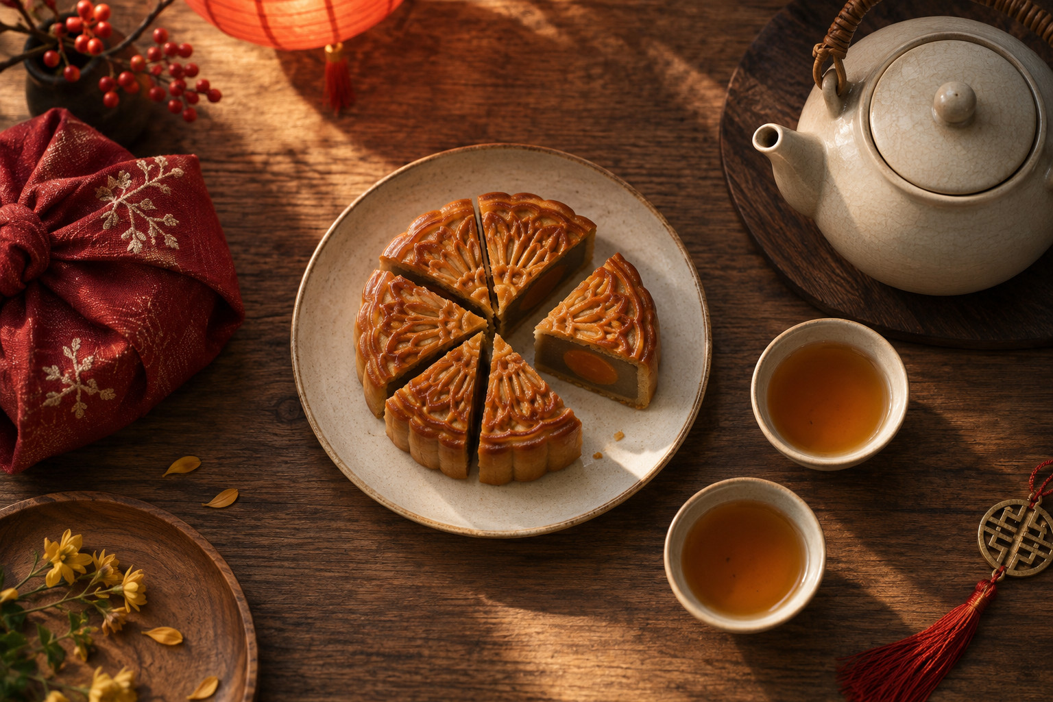 Mooncake cut into shared portions beside Chinese tea and ceramic cups