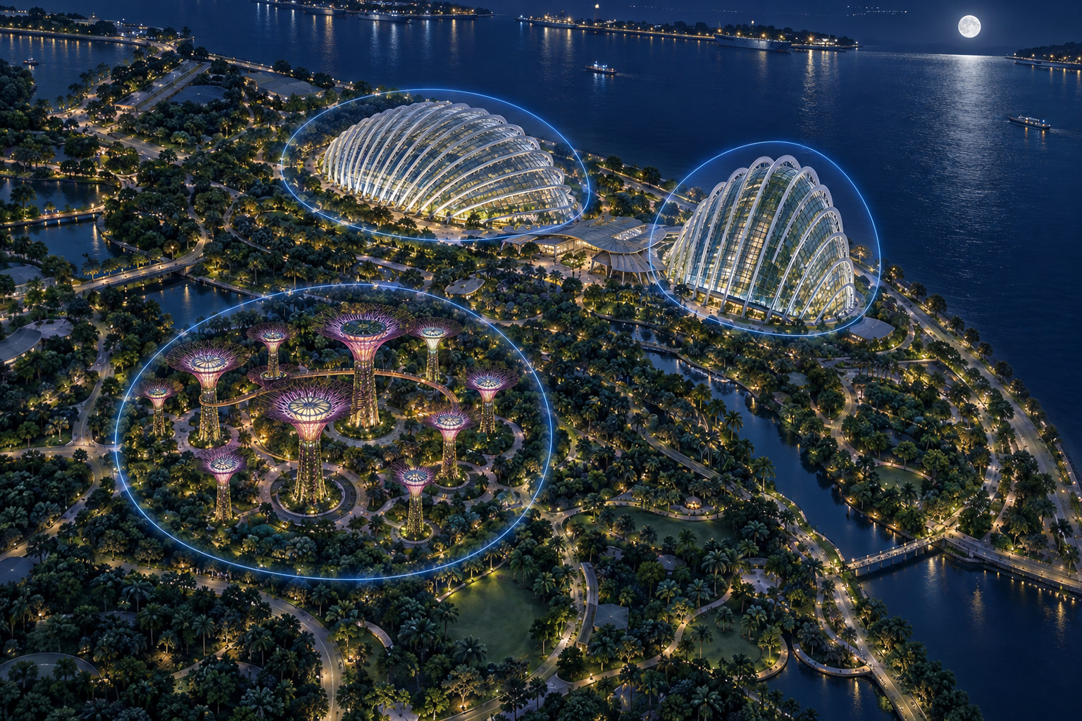 Illustrated Gardens by the Bay overview with Supertree Grove inland from the Flower Dome and Cloud Forest