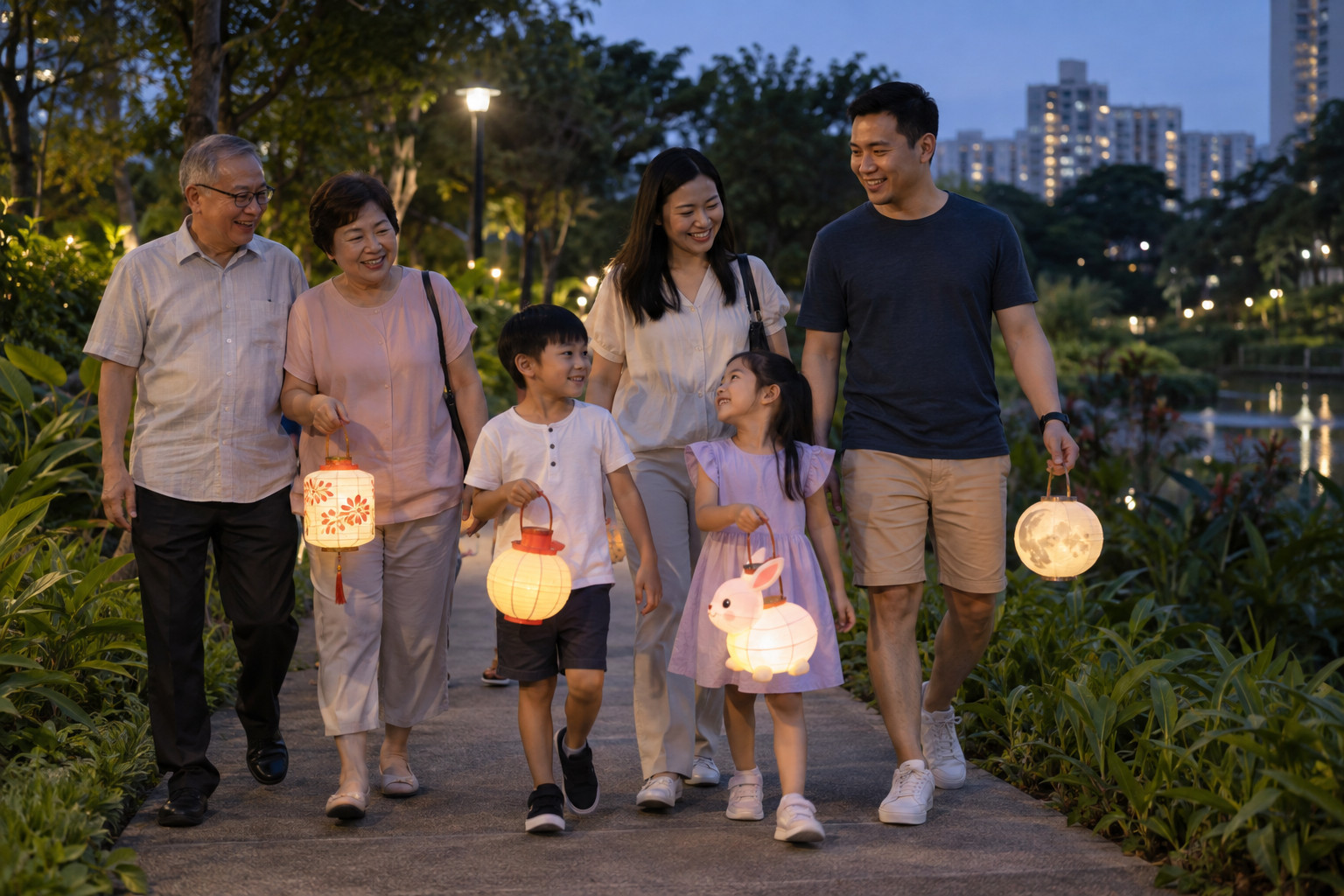 Children and parents walking through a Singapore park at dusk with electric lanterns